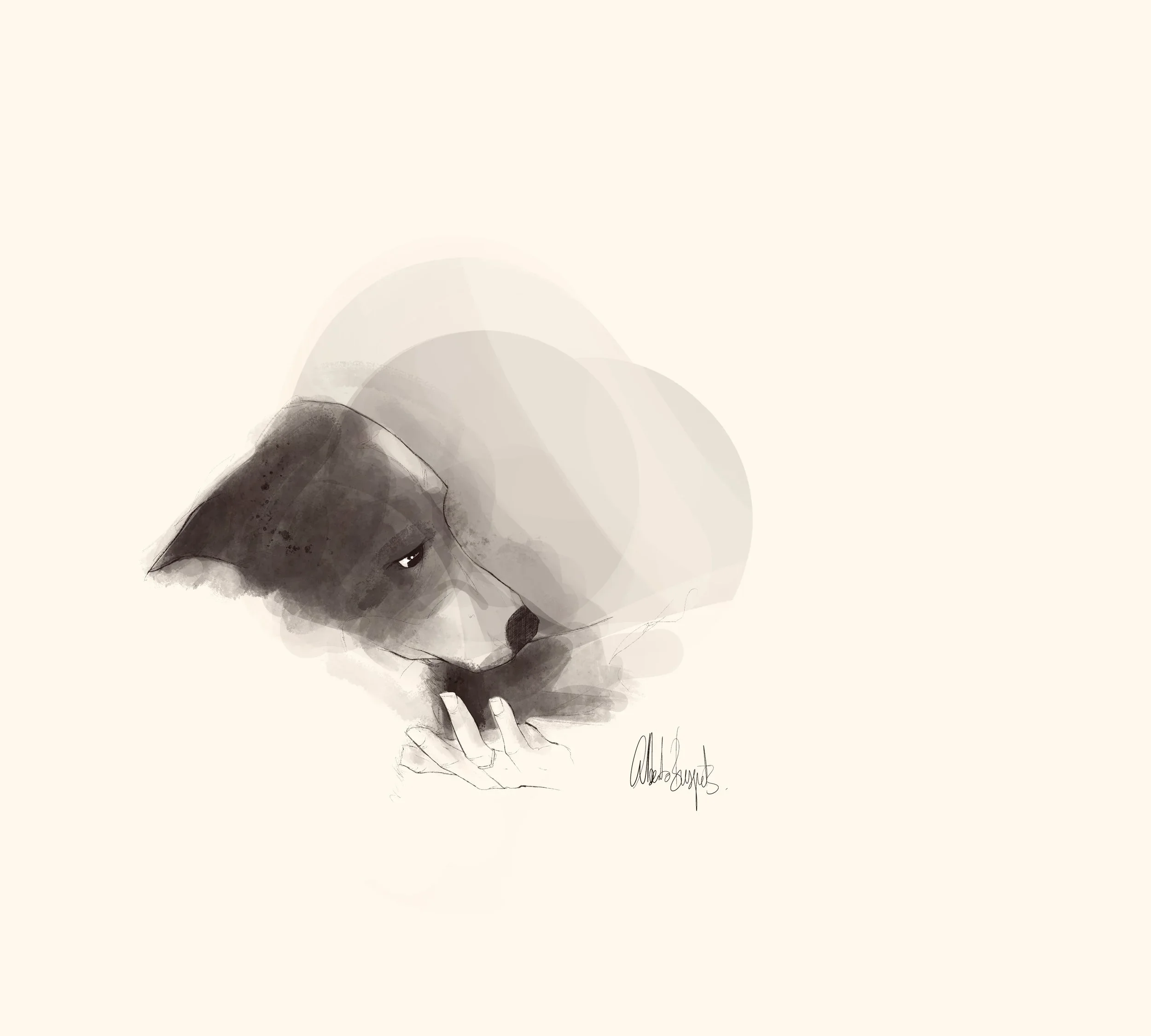 Dibujo en tonos grises de un perro con expresión triste, con una mano tocando su boca y en fondo claro.