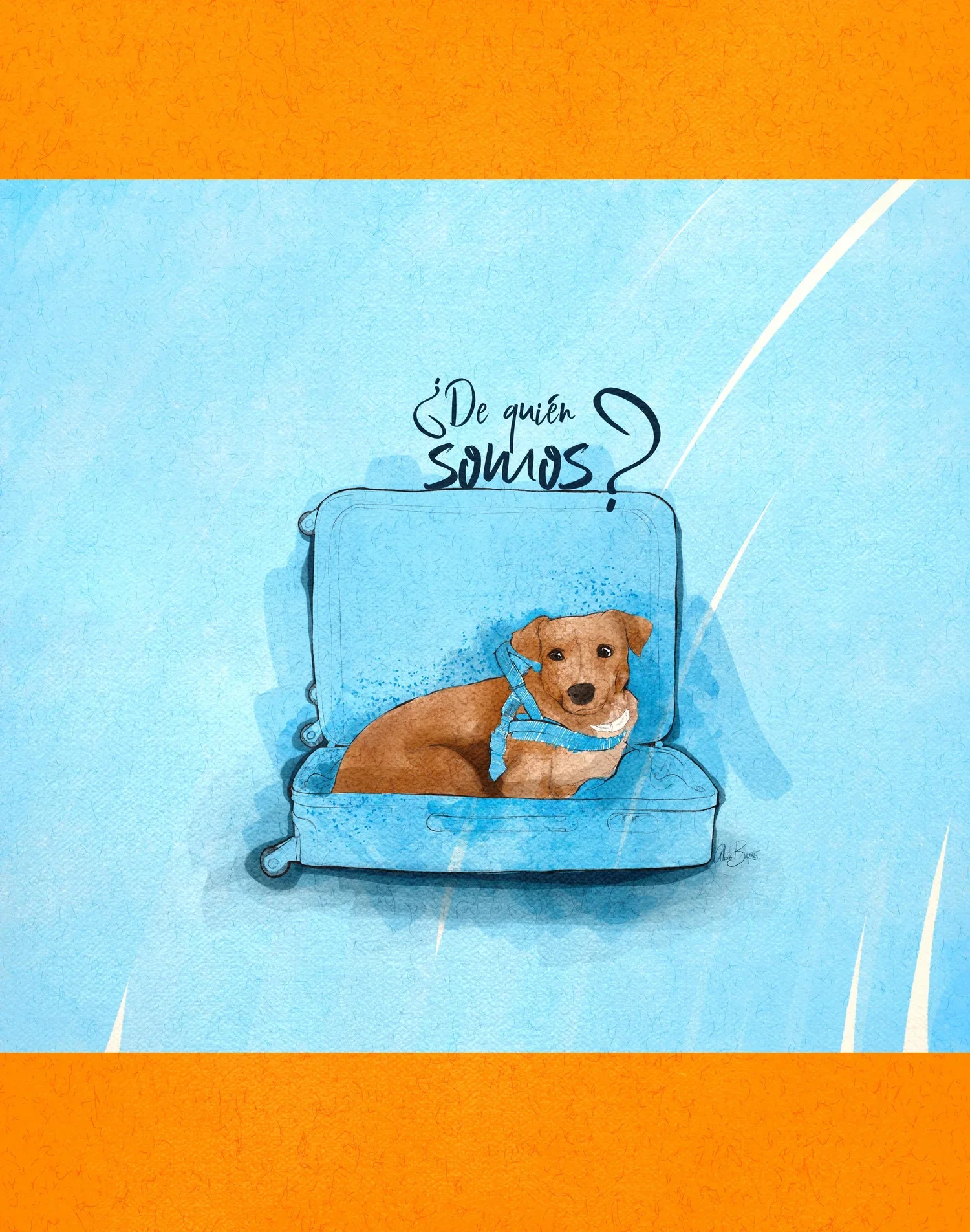 Ilustración de un cachorro dentro de una maleta de viaje con el texto "¿De quién soy?" encima.