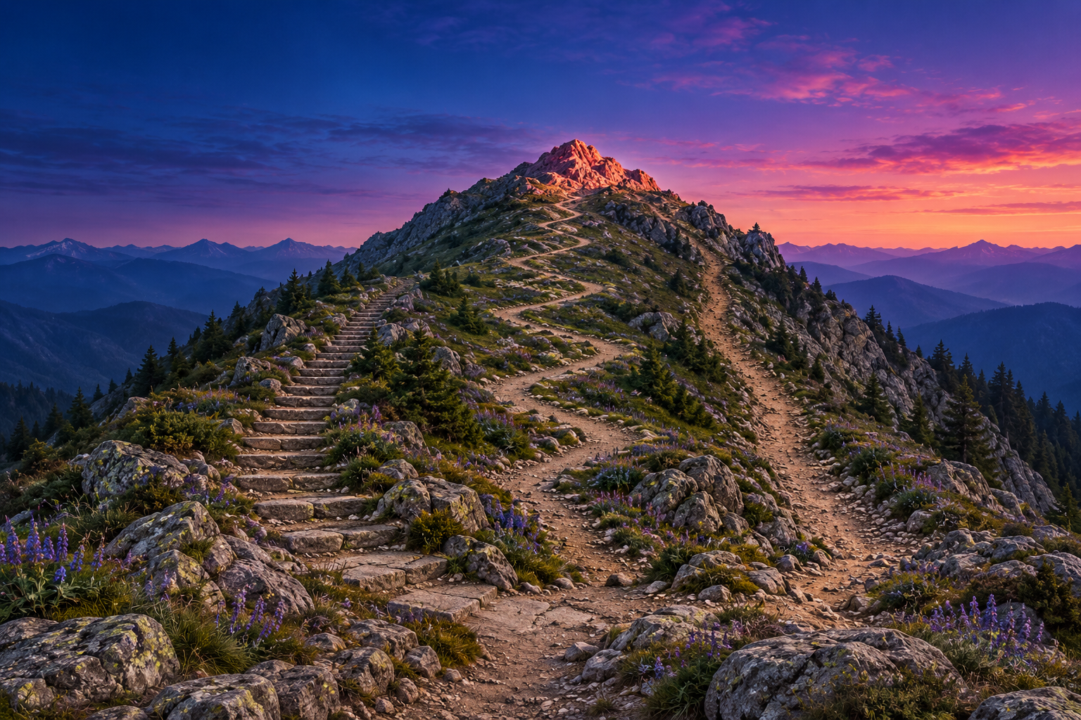 Stone steps and winding rocky trails climb a mountain ridge toward a sunlit peak beneath a blue, pink, and orange sky.