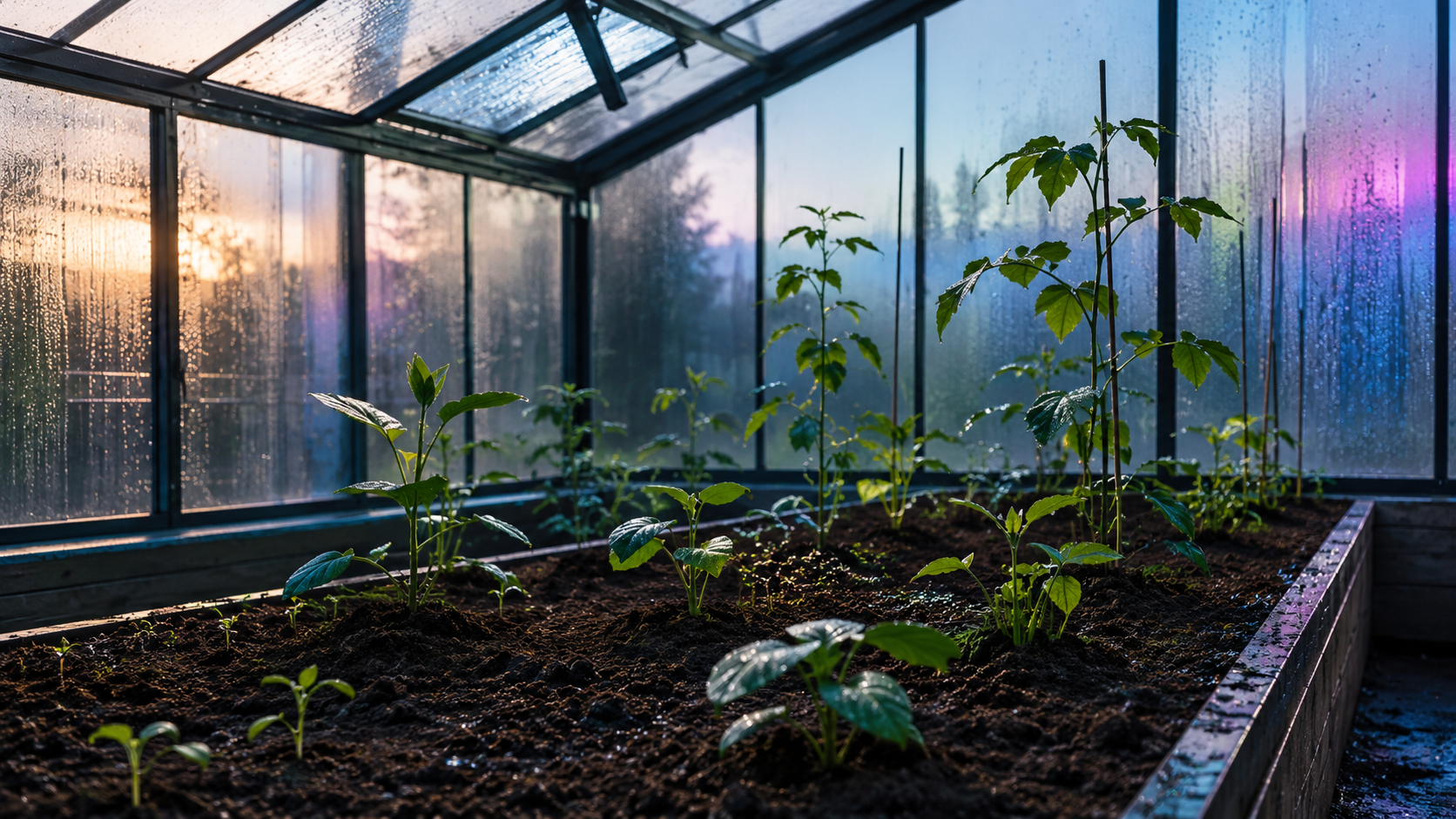 Young plants at different stages of growth in a rain-covered greenhouse, illuminated by warm and cool light.