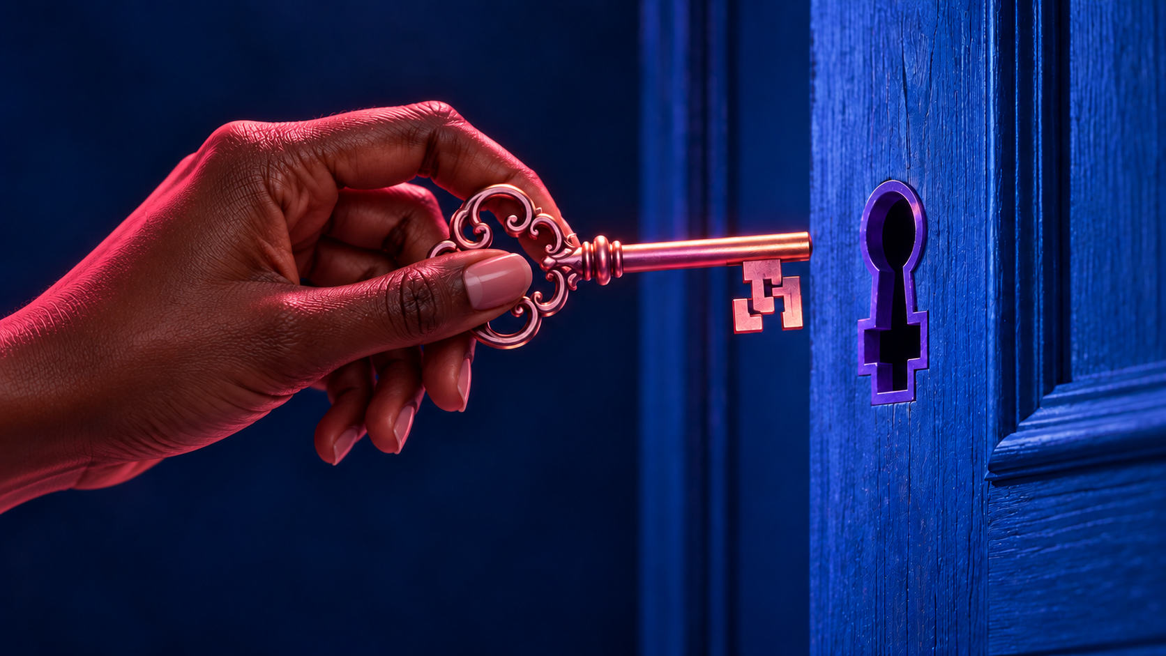 A dark brown hand holds a pink-lit key beside a differently shaped purple keyhole in a blue door.