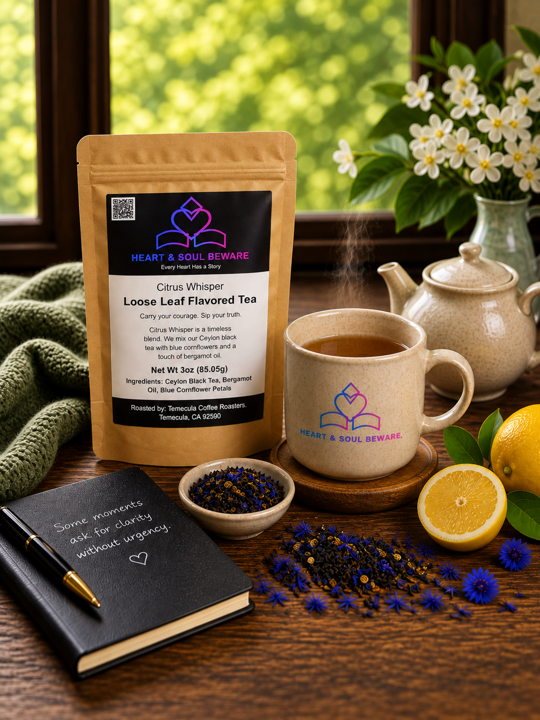 Heart & Soul Beware Citrus Whisper loose leaf flavored tea in a kraft pouch beside a steaming mug, lemons, blue cornflower petals, and a journal.