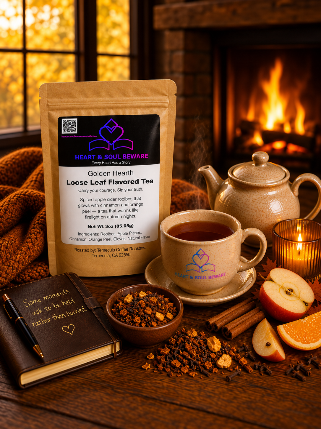 A cozy scene with a steaming cup of tea on a saucer, a teapot, a bowl of loose leaf tea, a package of Golden Hearth Loose Leaf Flavored Tea, a candle, an apple, orange slices, cinnamon sticks, a notebook with the quote 'Some moments ask to be held rather than hurried,' and various spices on a wooden table near a fireplace.