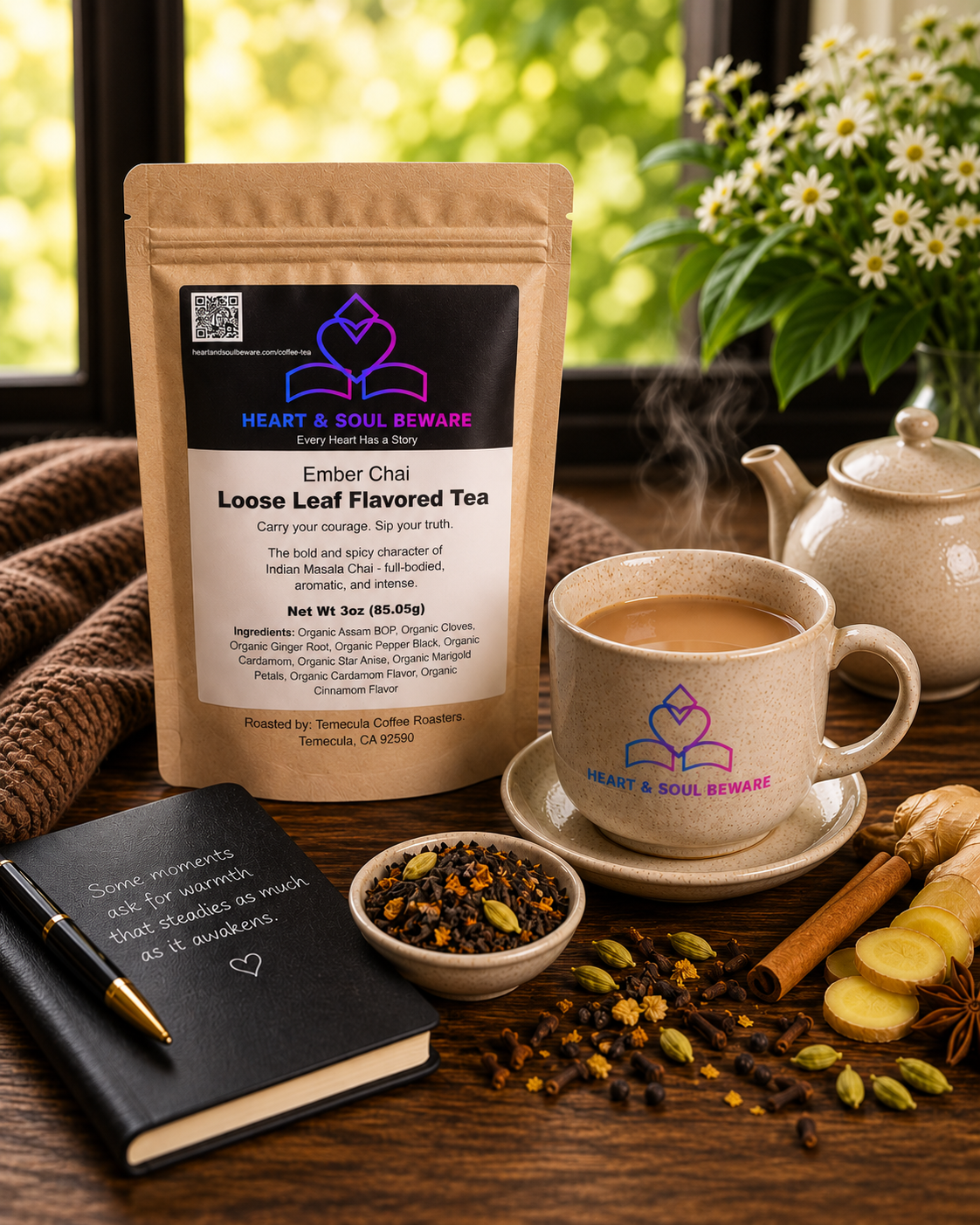 Heart & Soul Beware Ember Chai loose leaf flavored tea in a kraft pouch beside a steaming mug, chai spices, ginger, and a journal.
