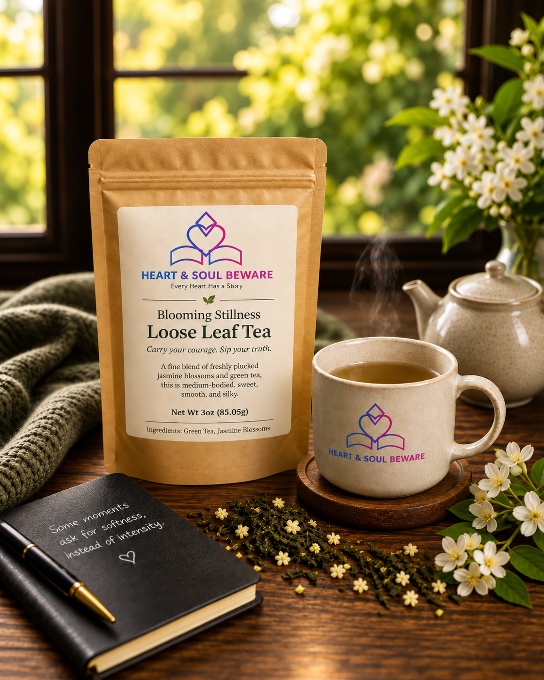 Heart & Soul Beware Blooming Stillness loose leaf tea in a kraft pouch beside a steaming mug, jasmine blossoms, and a journal.