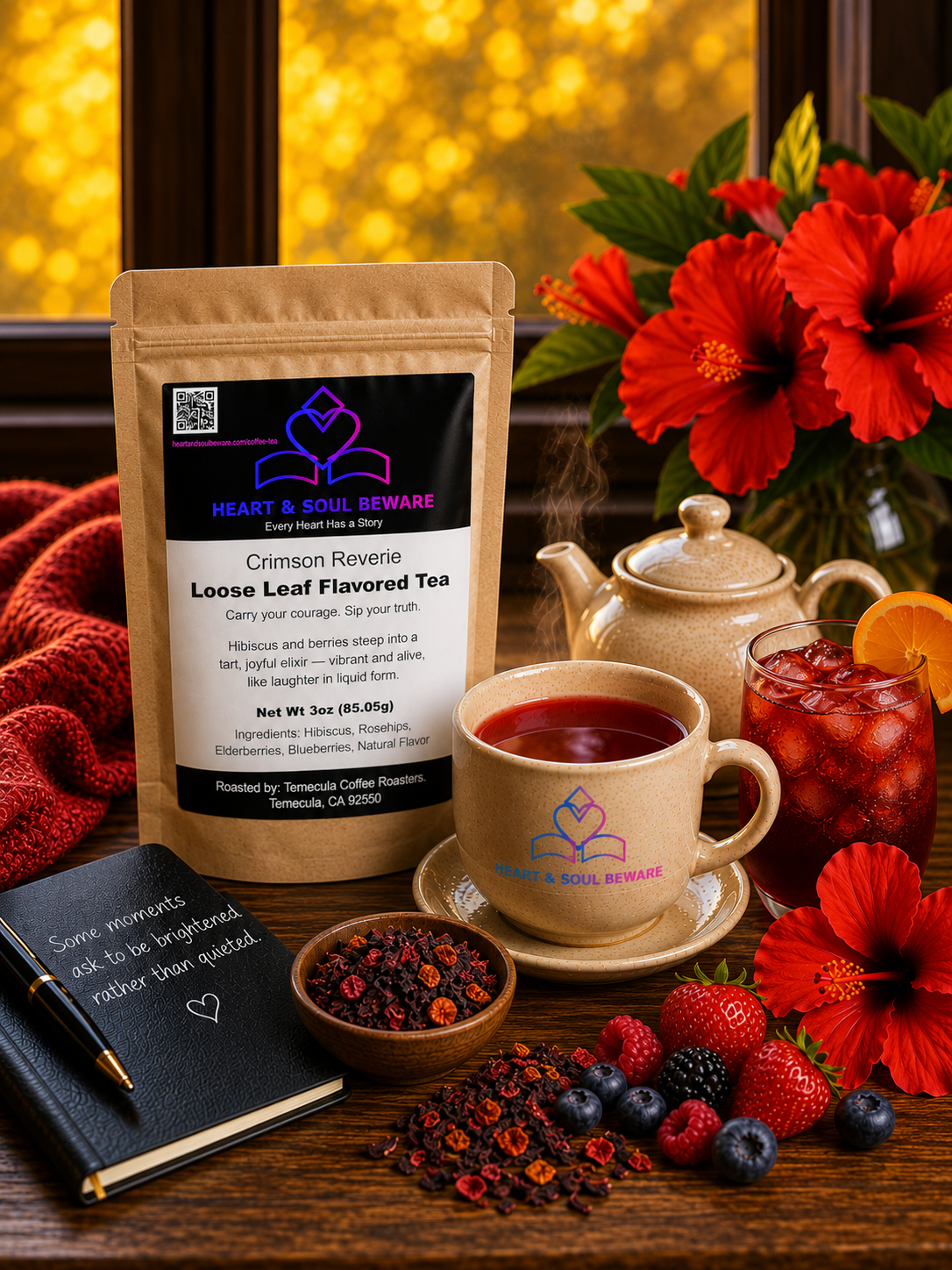 Heart & Soul Beware Crimson Reverie tea sits beside a teapot, a cup of tea, and iced tea with an orange slice. Berries, flowers, a notebook, a pen, and red cloth rest on the warmly lit wooden table.
