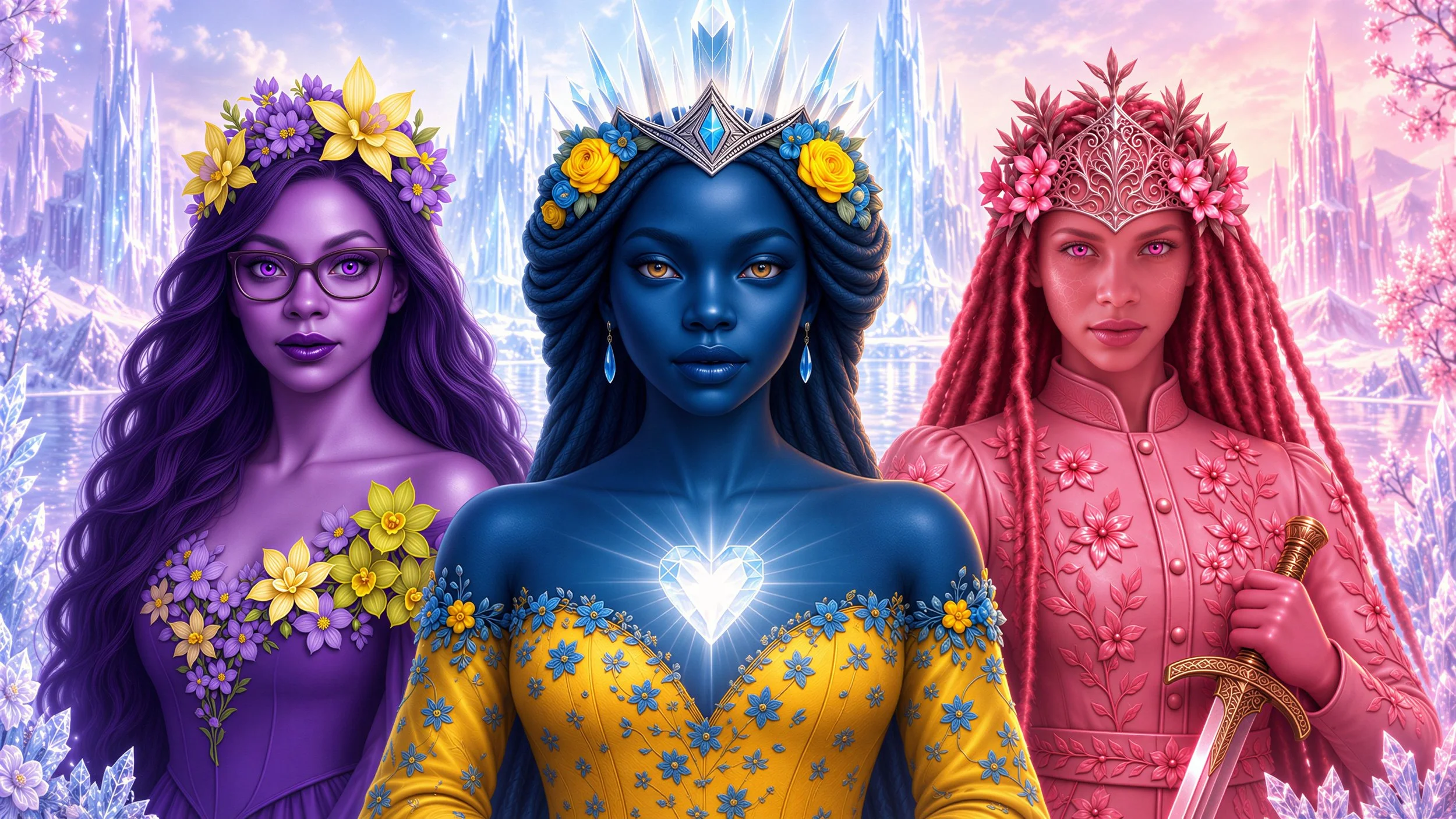 Princess Catiese, Queen Maria, and Princess LaNara stand together in purple, blue and yellow, and pink attire, wearing ornate crowns against a luminous crystal palace backdrop.