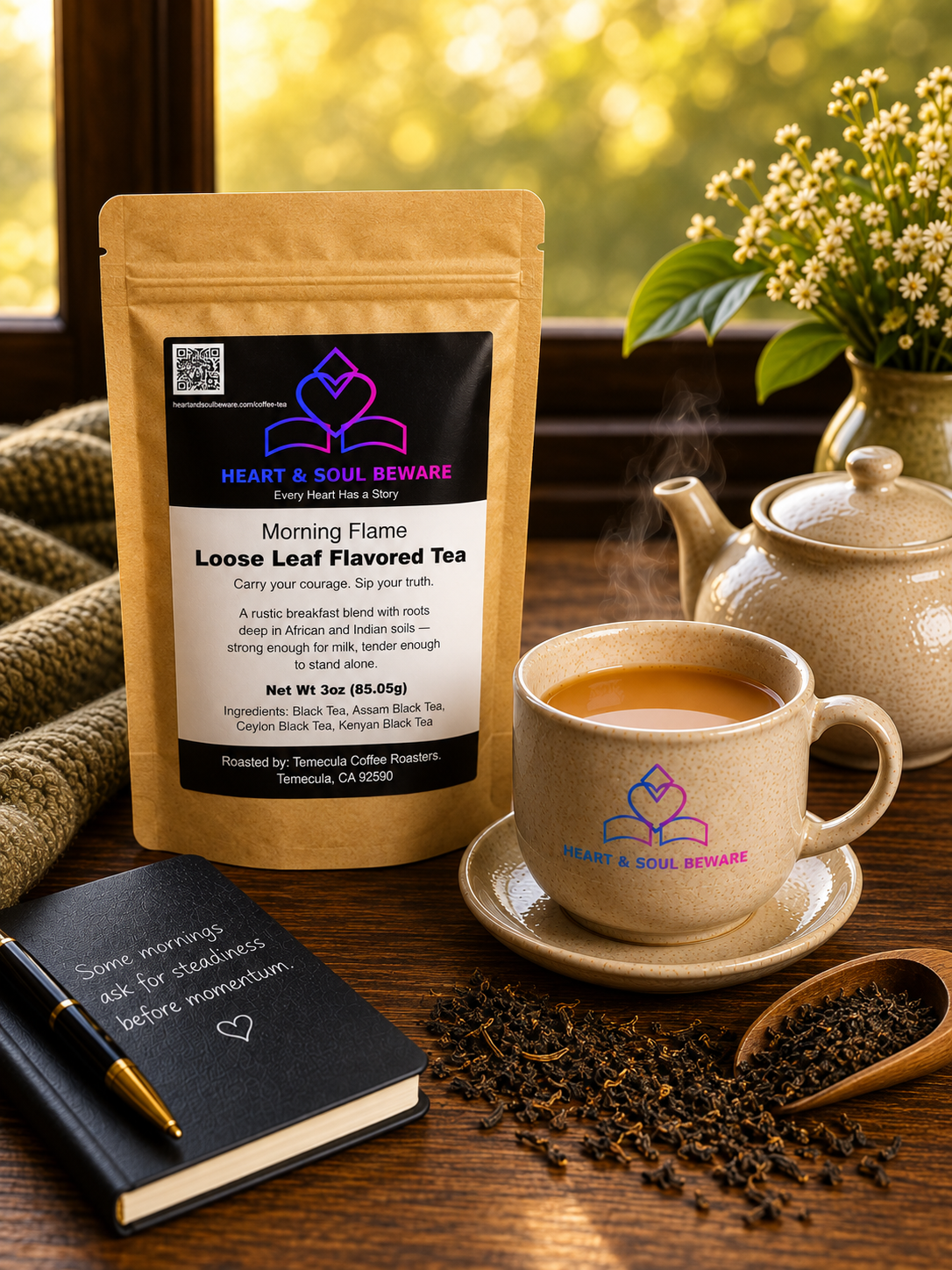 A cup of tea on a saucer with loose leaf tea and a bag of loose leaf tea labeled Heart & Soul Beware Morning Flame in front of a teapot, notebook, and a vase of white flowers on a wooden table near a window with natural light.