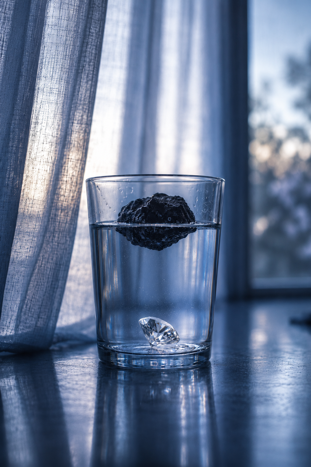 A glass of water with a large black stone and a small diamond-shaped crystal inside near a window with sheer curtains.