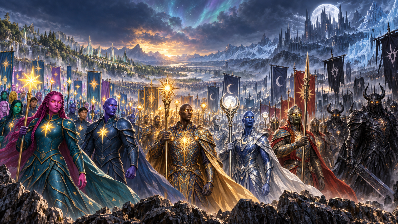 Military forces from Diamond Heart, Frozen Souls gather beneath colorful banners, led by warriors in ornate armor against a mountainous battlefield with distant castles and a glowing sky.