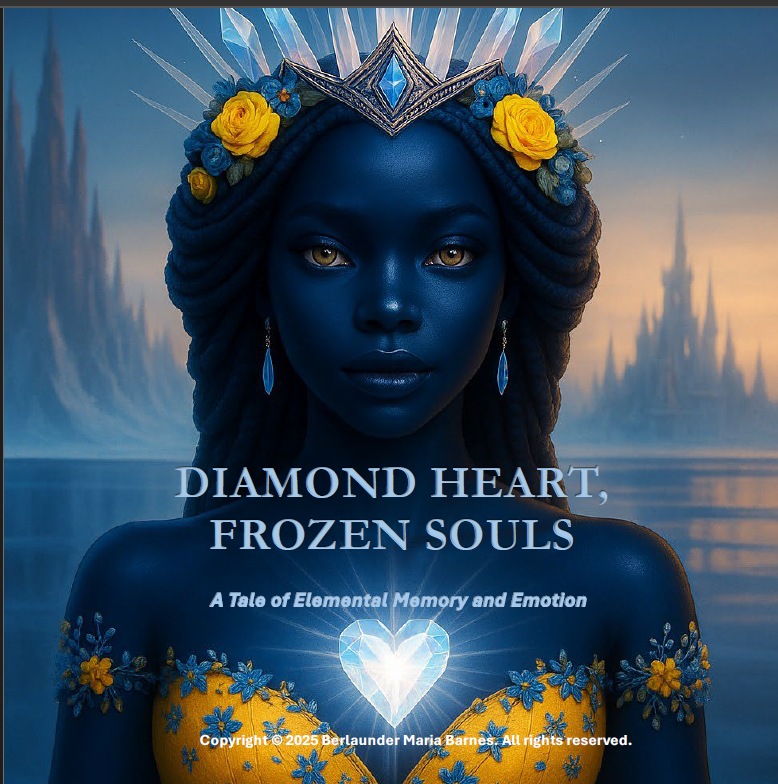 Cover image featuring a woman with dark blue skin, golden eyes, wearing blue earrings and a crown with yellow roses and blue flowers, with icy landscape in the background, and a glowing diamond-shaped heart on her chest.