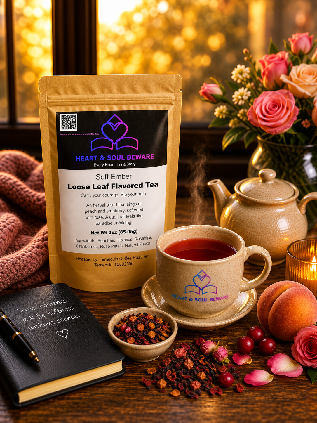 A cozy scene featuring a steaming cup of herbal tea with a bag of Heart & Soul Beware Loose Leaf Flavored Tea, a teapot, a small bowl of mixed dried herbs, a notebook with a pen, a peach, and fresh pink roses on a wooden table in front of a window with blurred sunlight.