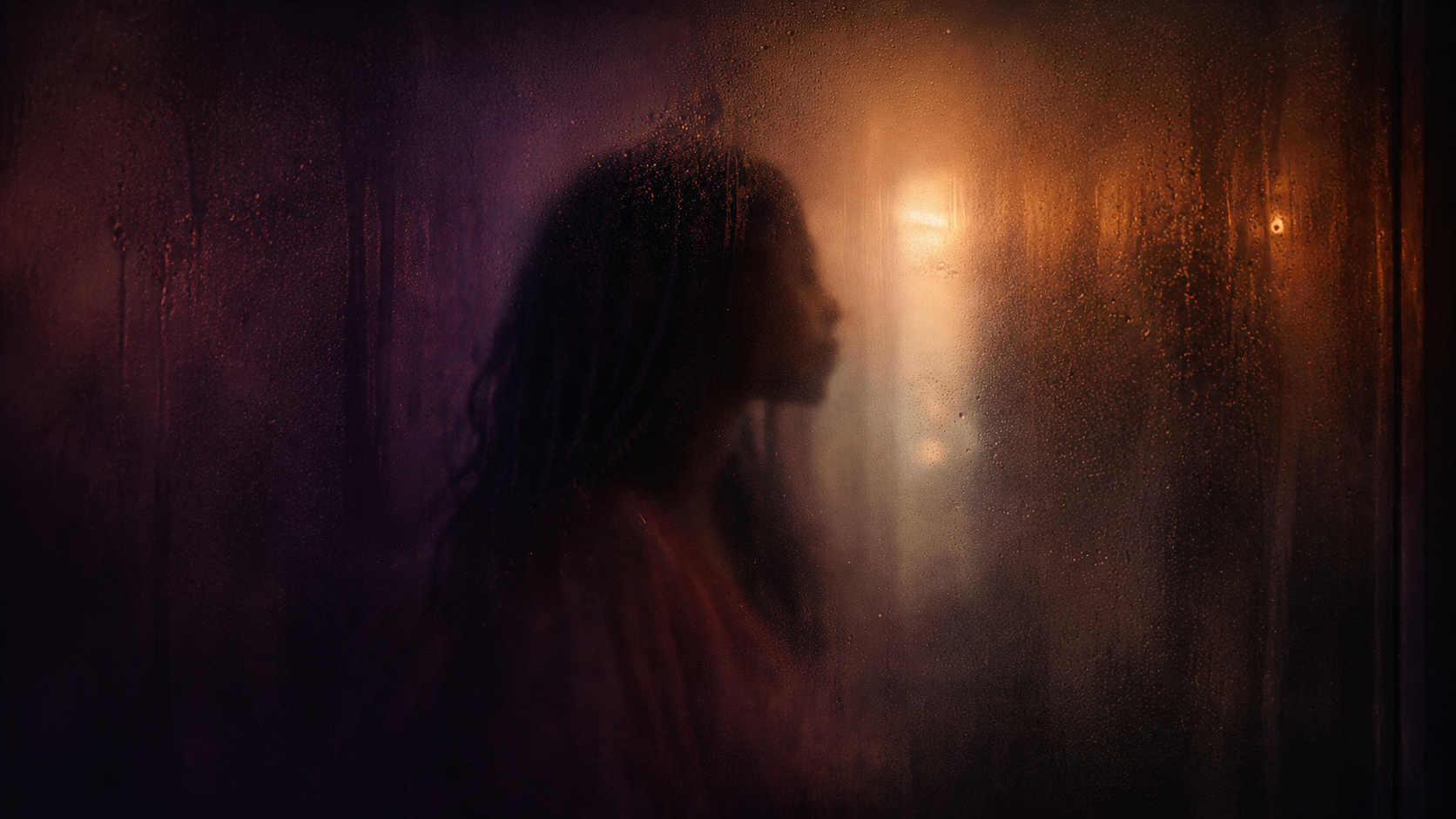 A silhouetted Black woman with long, textured hair looks through rain-covered glass, surrounded by warm amber and deep purple light.