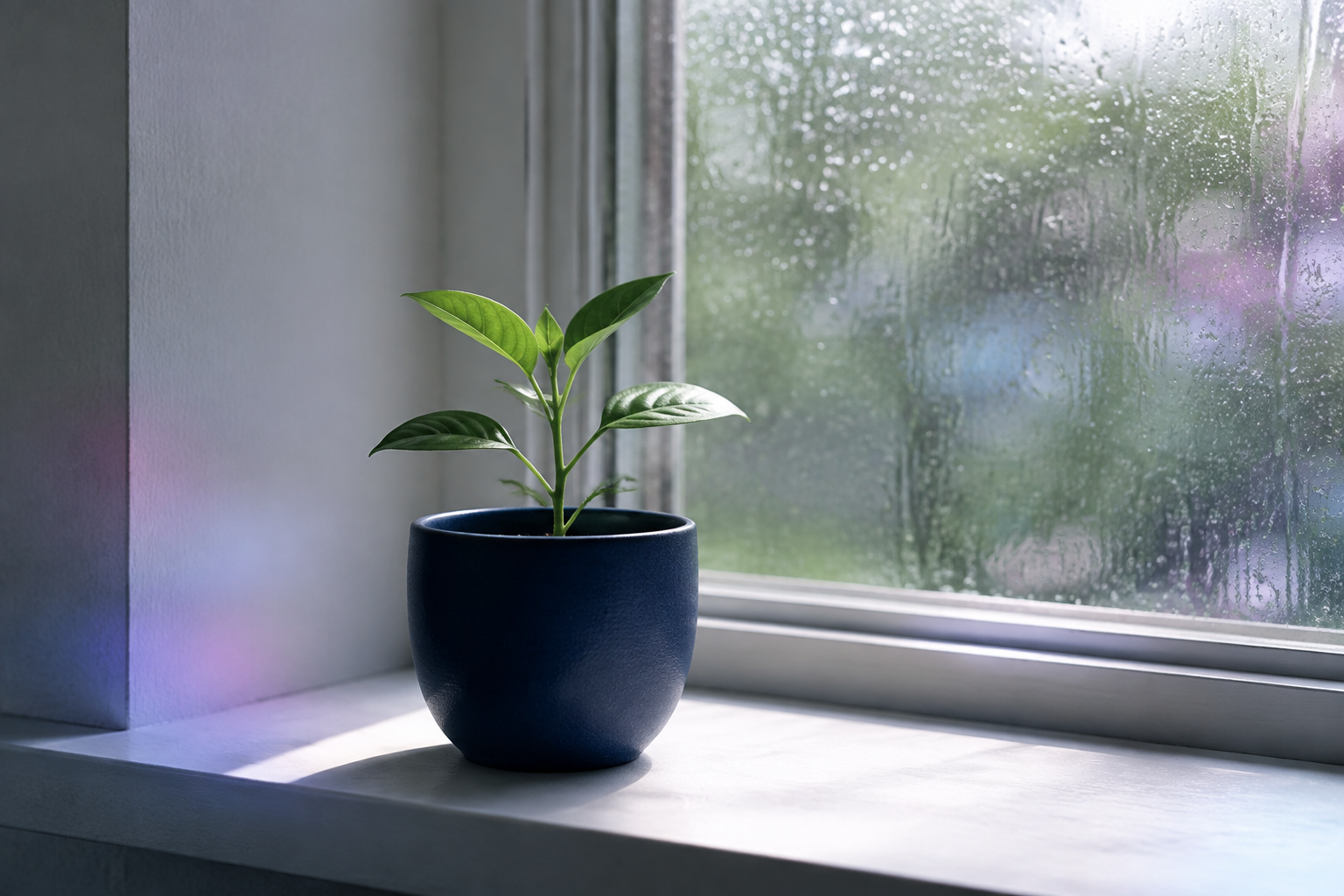 Small green plant with broad leaves in a blue pot on a windowsill, with rain droplets on the window and blurred outdoor scenery.