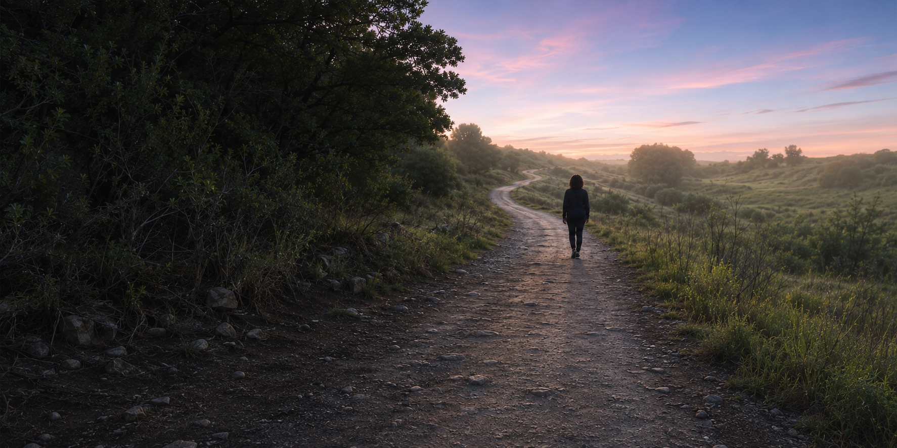 A solitary Black woman walks along a winding country road toward a softly lit horizon beneath a pink-and-blue sky, with dense shadows behind her and an open landscape ahead.