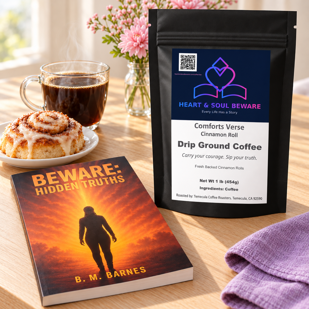 Morning Reading with Cinnamon Roll Coffee 1 lb Context.png