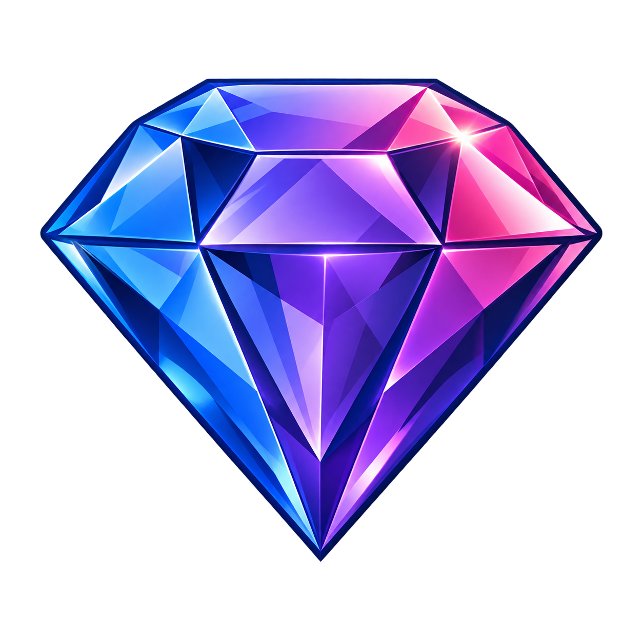 A digital illustration of a sparkling, faceted gemstone with blue, purple, and pink hues.