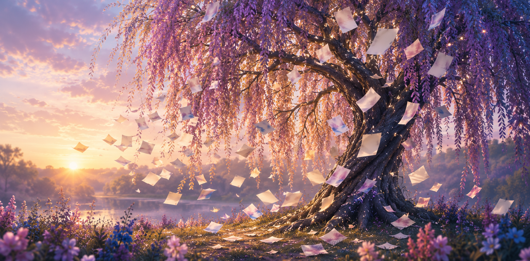 A mystical, glowing tree with purple blossoms standing near a river at sunset, with papers floating around it and illuminating fairy lights woven into its branches.