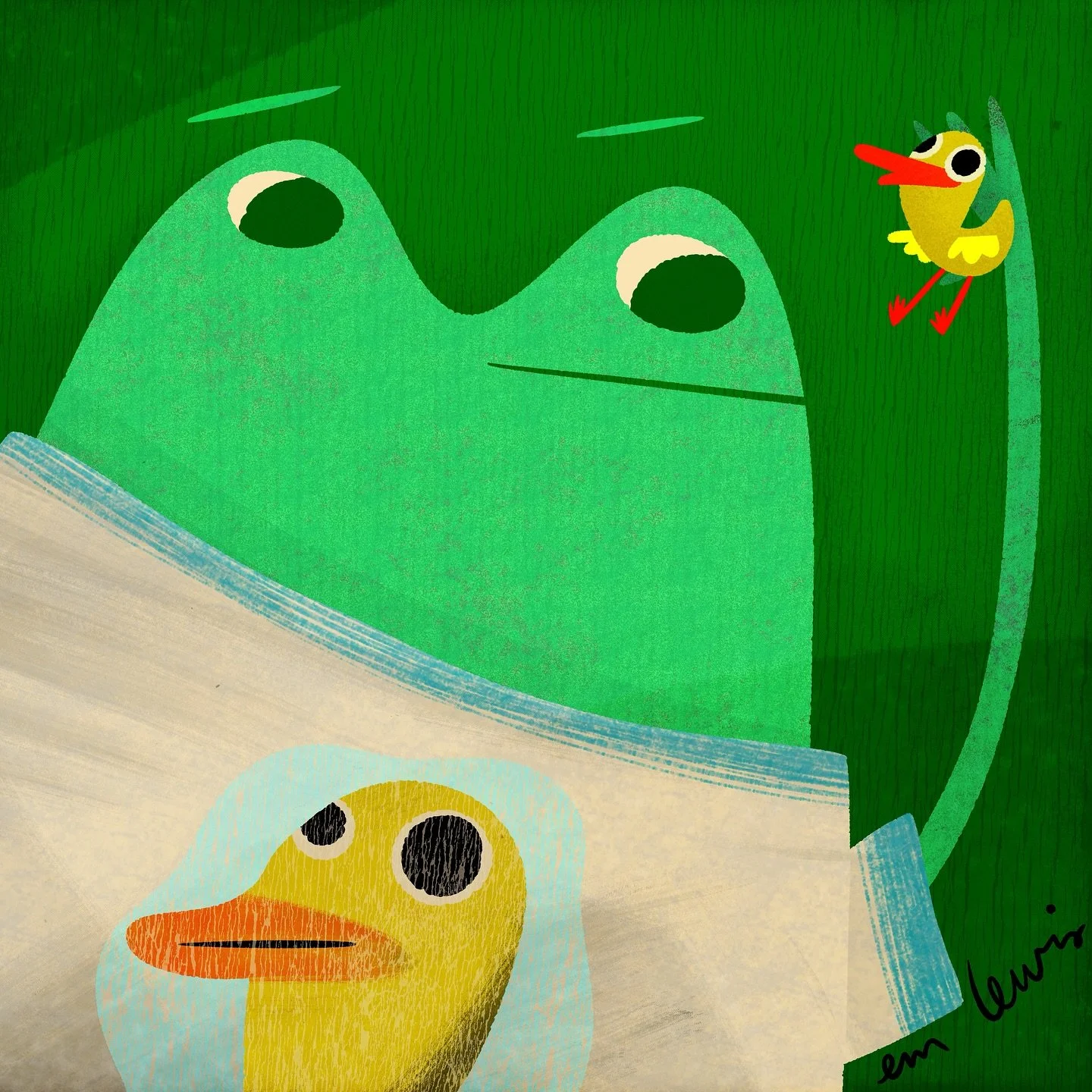 just another frog with a T-shirt of a duck, while holding a duck. Yes this frog likes ducks I think but I can&rsquo;t tell by his facial expression actually, what do you think? #toomanyfrogs #frig #iluustration #illustration #kidsbookillustrator #eml
