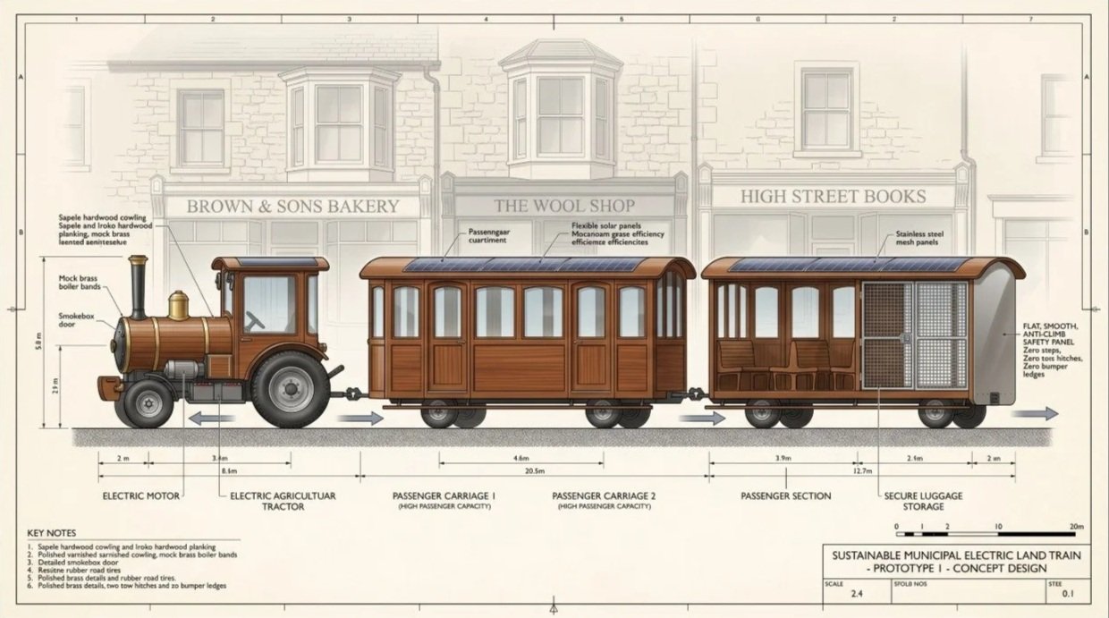 Design blueprint of a sustainable municipal electric land train with a tractor, two passenger carriages, solar panels, and storage compartments, including detailed measurements and key notes.
