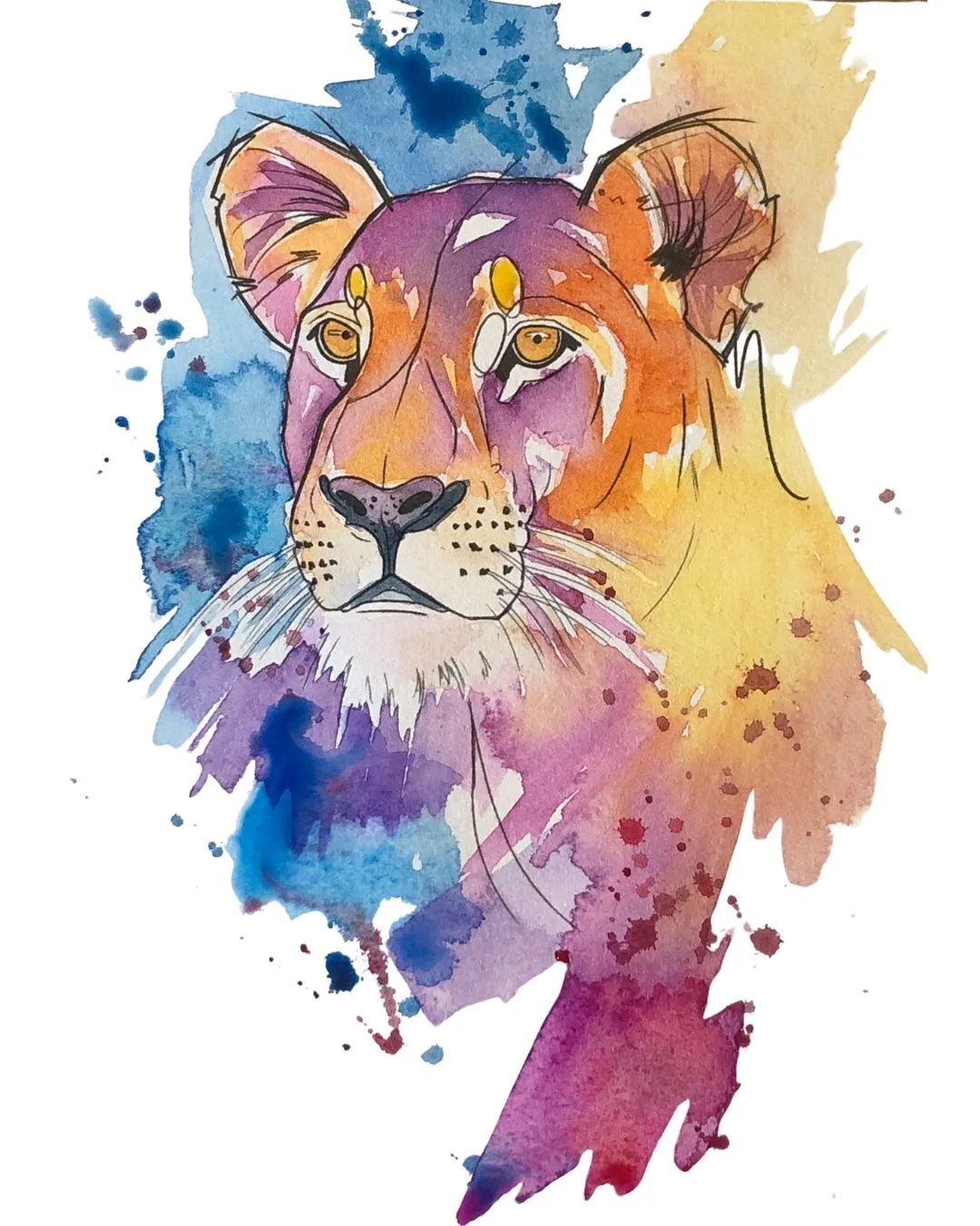 Watercolor painting of a lioness with splashes of blue, purple, yellow, and red background colors.