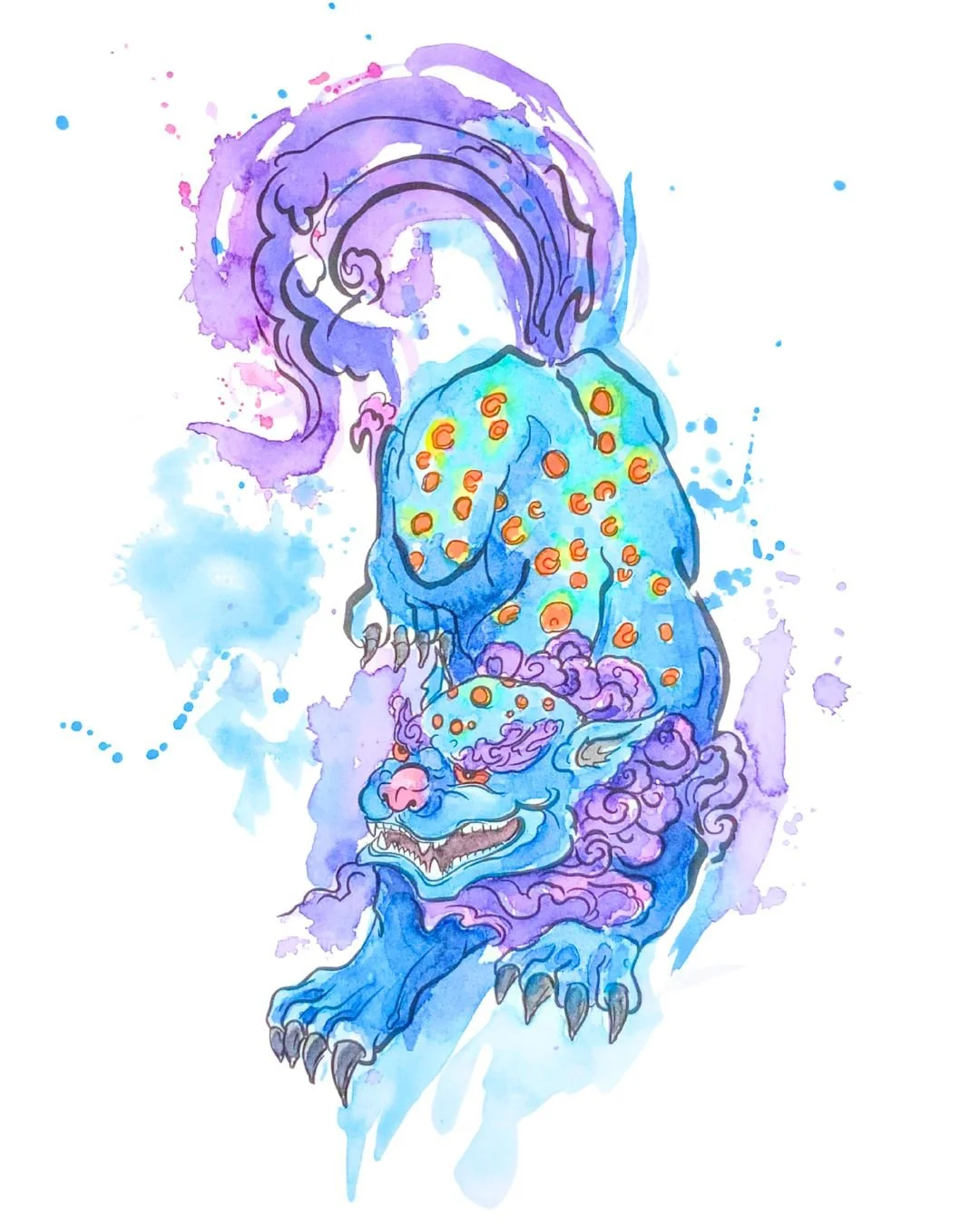 Watercolor illustration of a mythological creature with a lion's face, horns, and a body covered in violet clouds, with a blue and purple color palette and splashes of paint.
