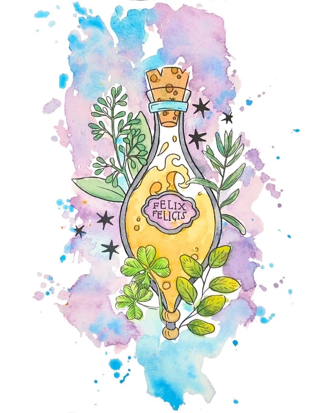 A watercolor illustration of a magic potion bottle labeled "Felix Felicis" with green leaves surrounding it and a purple and blue splattered background.