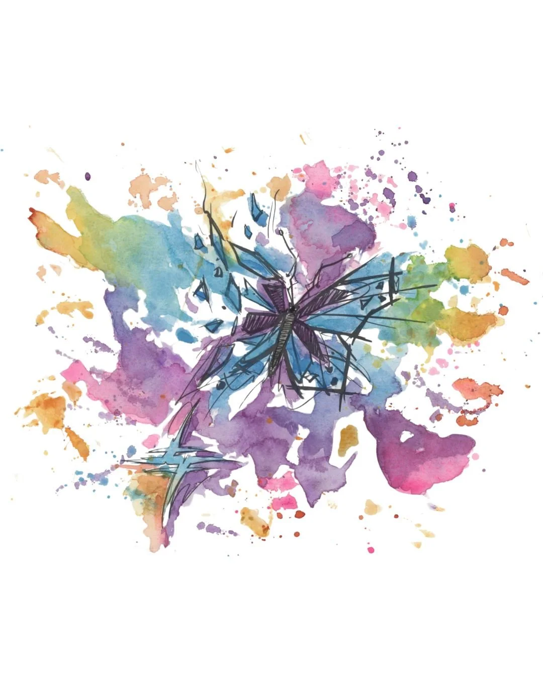Watercolor painting of a blue and purple butterfly with black outline, surrounded by colorful splashes of pink, purple, blue, green, yellow, and orange.