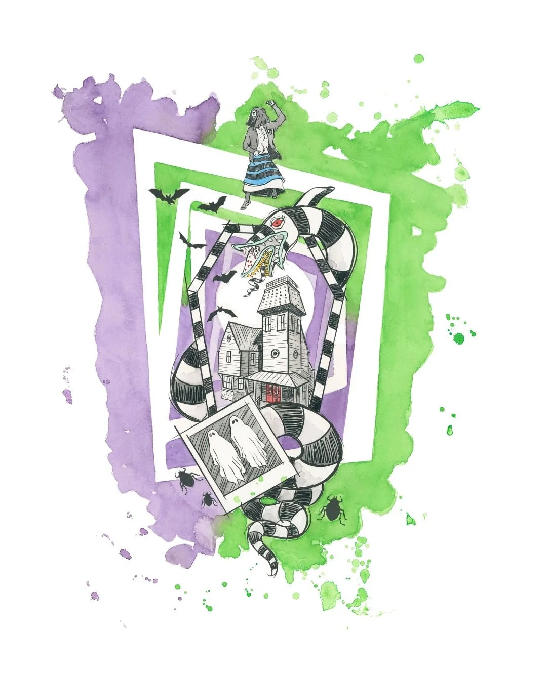 A sketchy illustration featuring a witch on a broomstick flying above a haunted house with bats, a snake, and ghostly figures, with watercolor purple and green splashes in the background.
