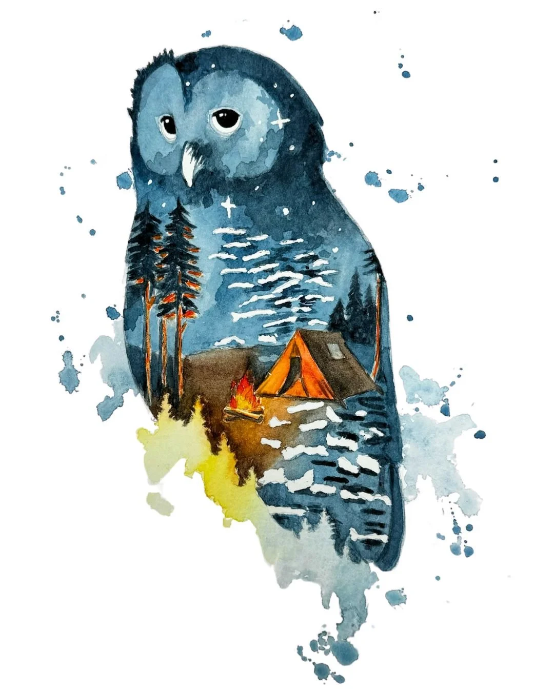 Watercolor painting of an owl with a starry night sky, pine trees, a campfire, and a tent, blending a nighttime nature scene with the owl's face.
