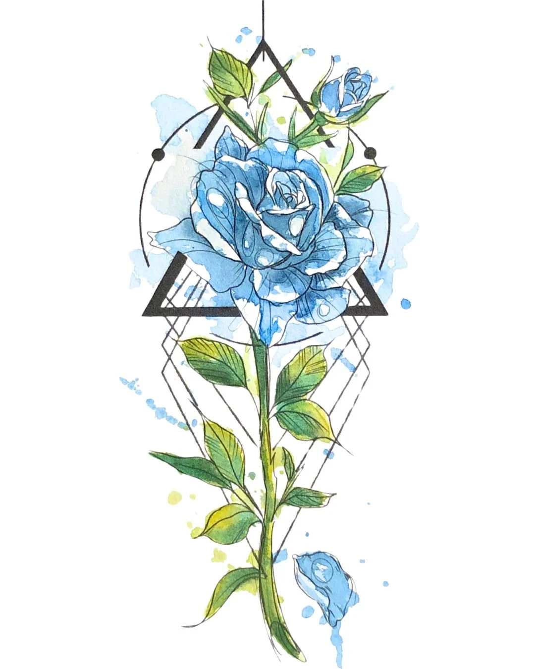 Watercolor illustration of a blue rose blooming with green leaves, surrounded by geometric shapes and splashes of blue and yellow watercolor.