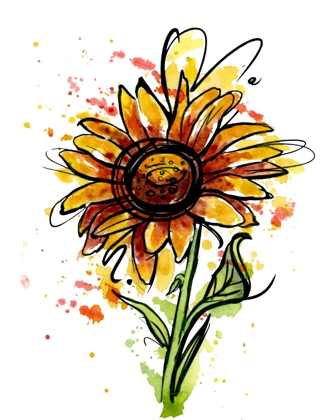 Watercolor illustration of a sunflower with yellow and brown petals, a green stem, and leaves, with splashes of watercolor paint background.