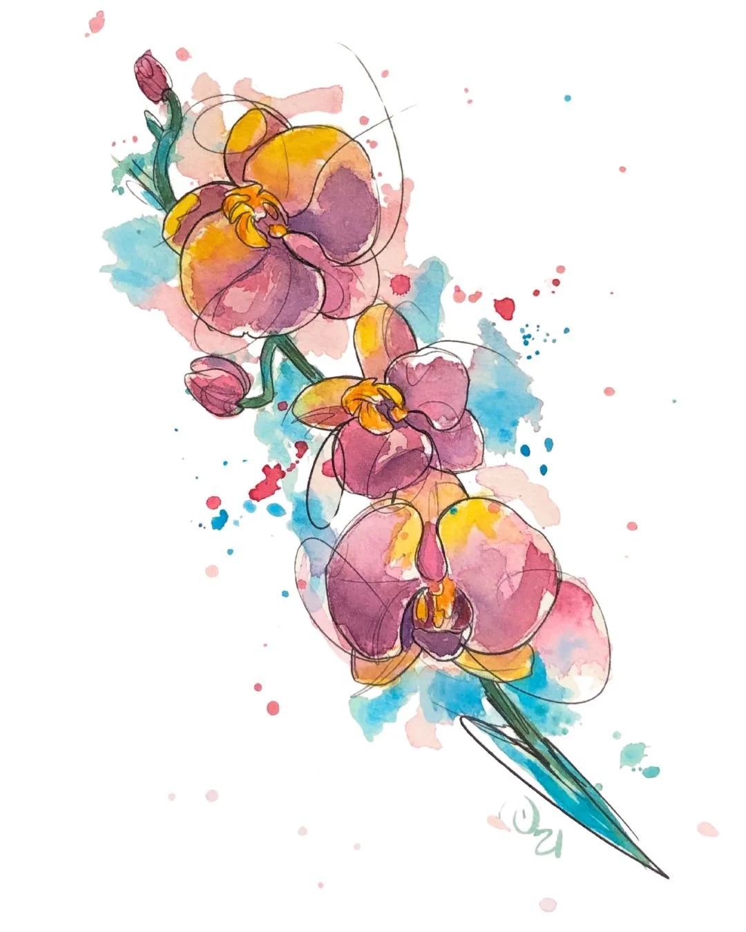 Watercolor painting of pink and purple orchids with a green stem, with colorful splashes of watercolor in the background.
