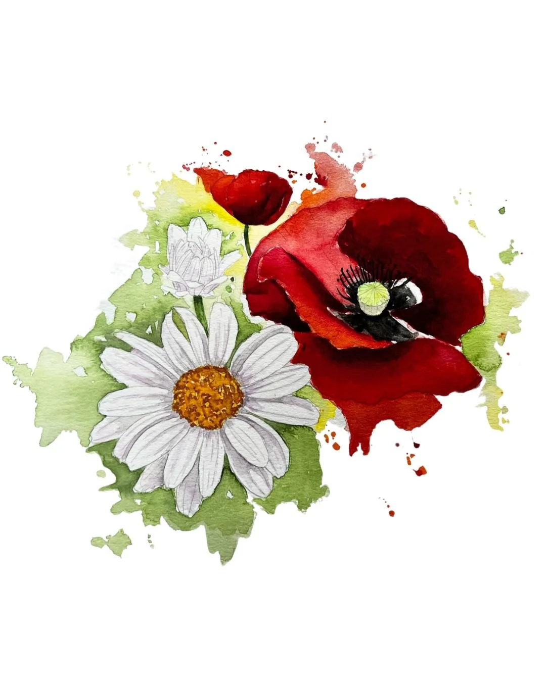 Watercolor painting of a red poppy and a daisy flower with green leaves in the background.