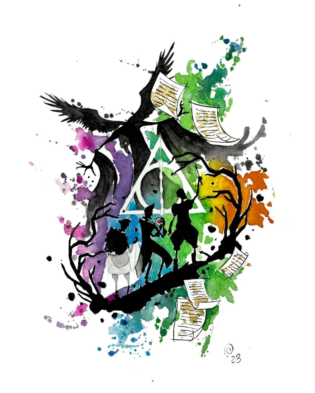Watercolor painting of a black bird with outstretched wings, surrounded by colorful splashes of paint, with musical notes and people playing instruments.