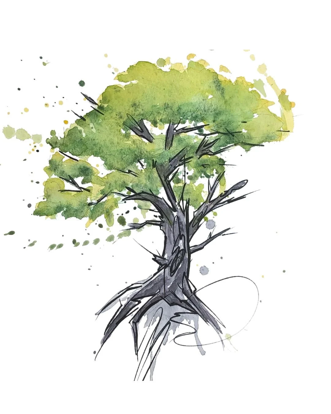Watercolor painting of a tree with green leaves and a dark gray trunk.
