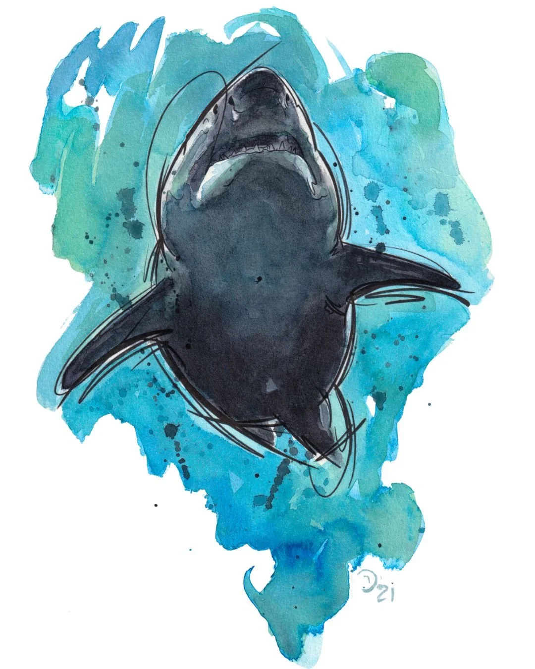 Watercolor illustration of a shark viewed from below, with its mouth open, surrounded by blue and green watercolor splashes.