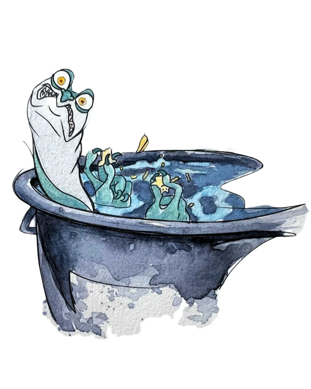 Cartoon of a cranky, sea monster with multiple tentacles, sitting in a rusty tub filled with water, which is splashing and with some chips and bubbles.