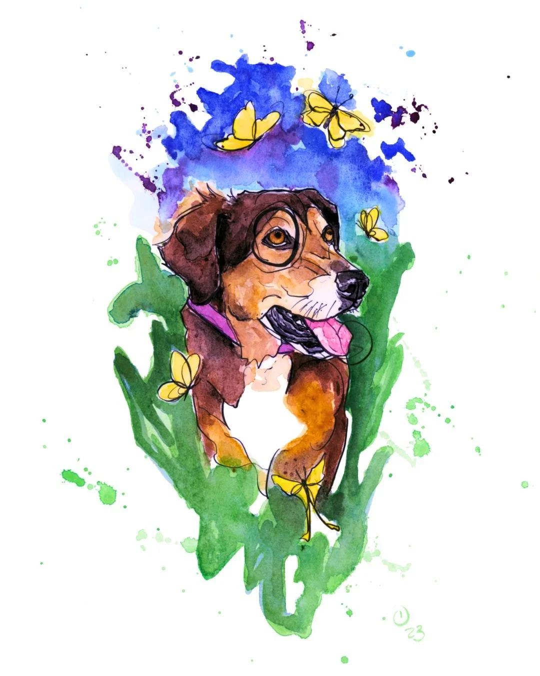 Watercolor painting of a happy dog wearing glasses, surrounded by yellow butterflies and green foliage with a blue and purple background.