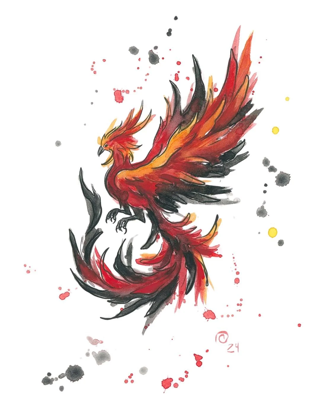Watercolor painting of a fiery phoenix with red, orange, yellow, and black feathers, surrounded by splashes of paint on a white background.