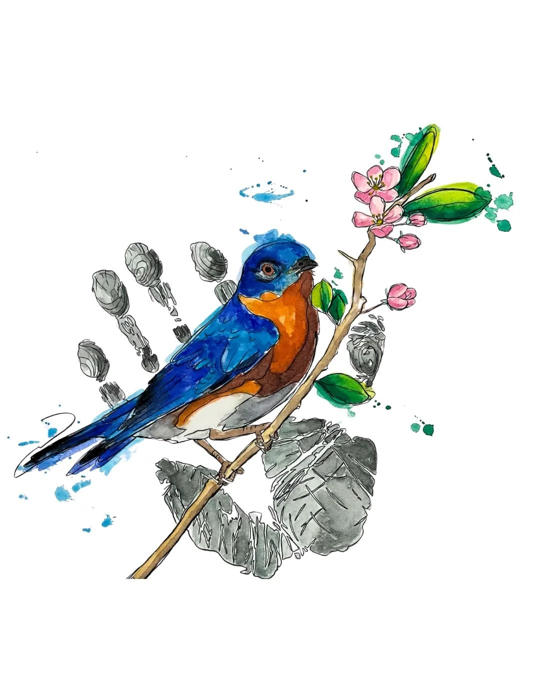 A colorful watercolor illustration of a blue and orange bird perched on a branch with pink flowers and green leaves, with a few ink sketches of feathers and leaves in the background.