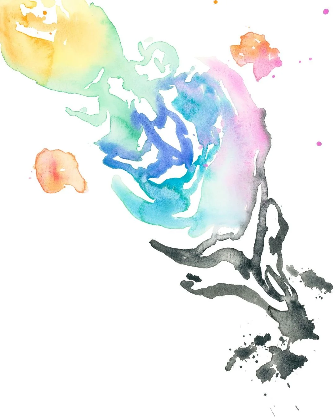 Watercolor illustration of a person's face in black ink with colorful splashes in pastel shades of yellow, green, blue, pink, and orange.