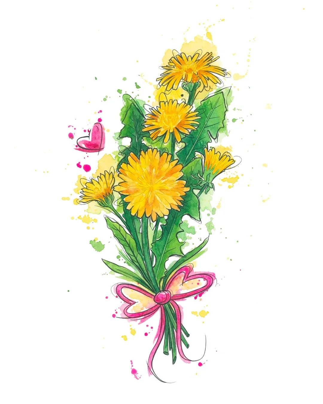 Watercolor drawing of a bouquet of yellow dandelion flowers with green leaves, tied with a pink bow, with pink hearts and green paint splashes around.