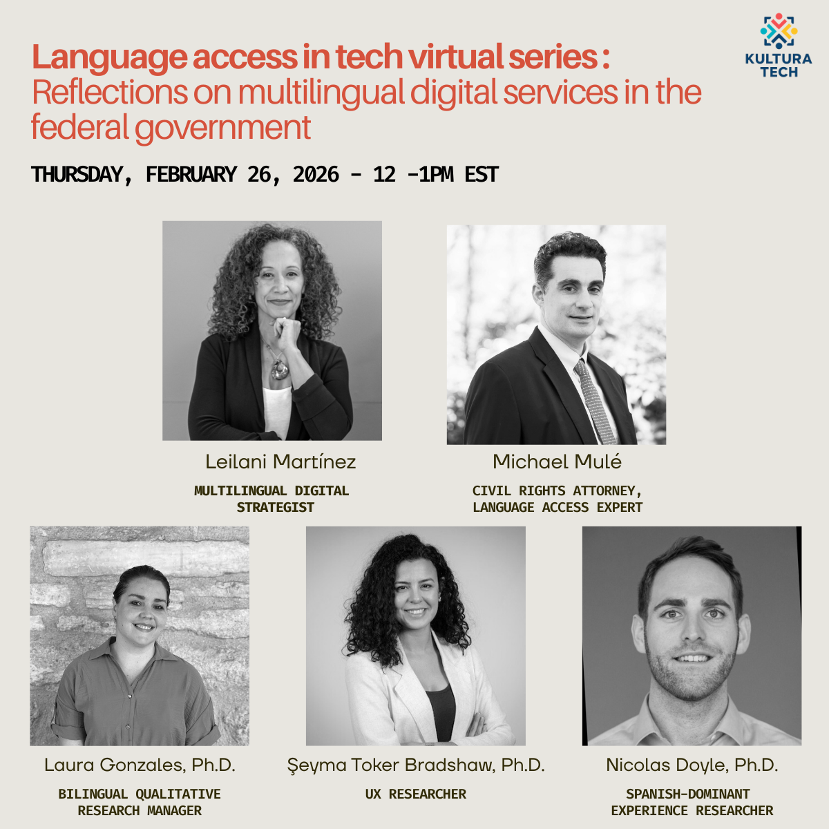 Flyer of event. Picture of the five speakers , including their names and titles.