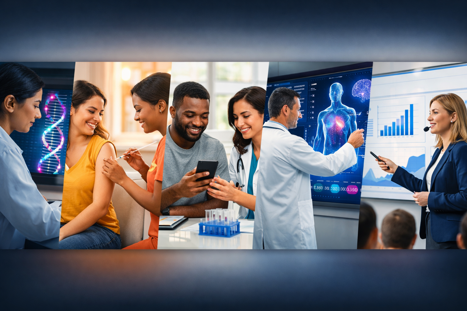 A montage of health topics we cover: genetics, prevention, screening, diagnostics, and public health education