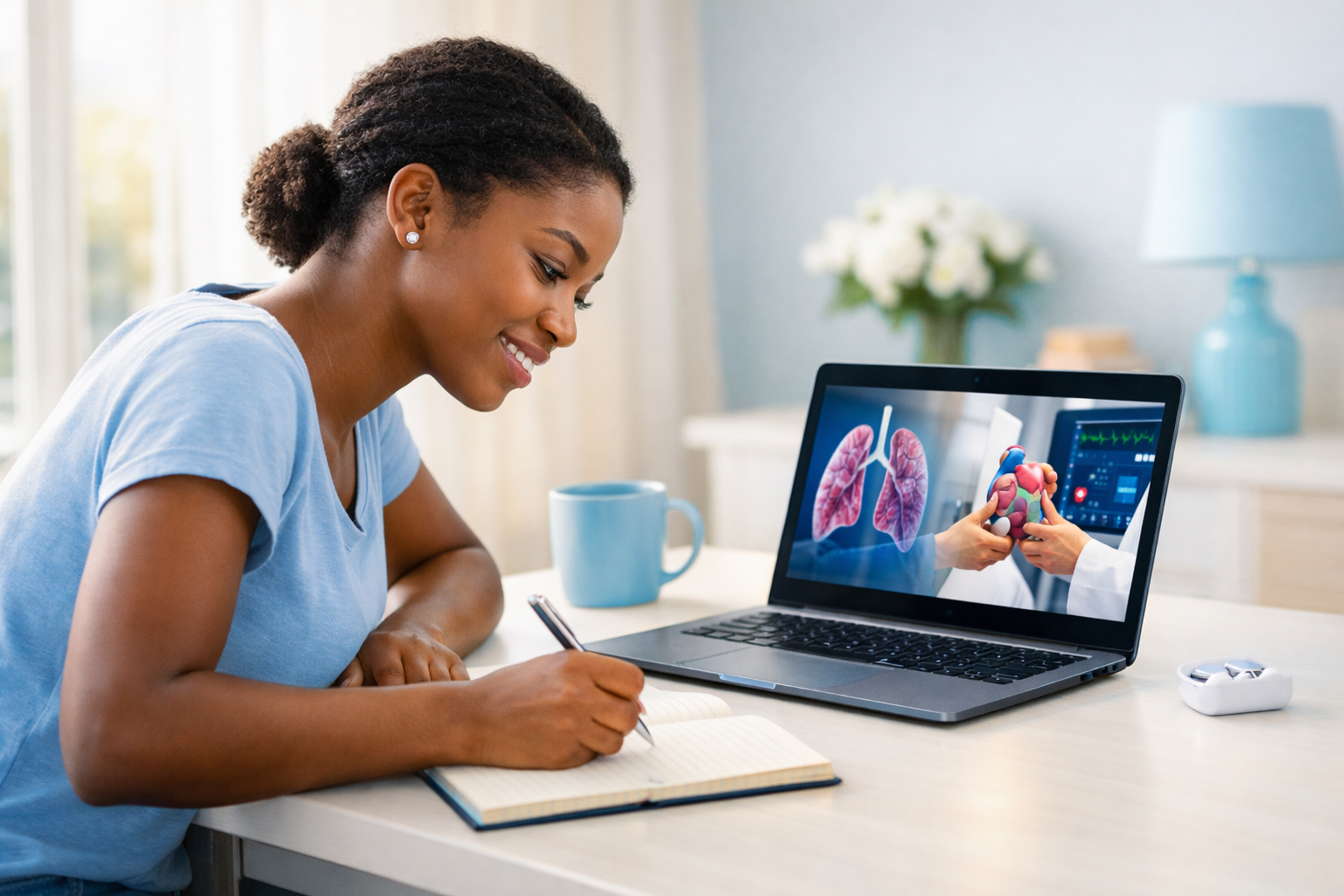 A woman taking notes while watching a health explainer video on her laptop