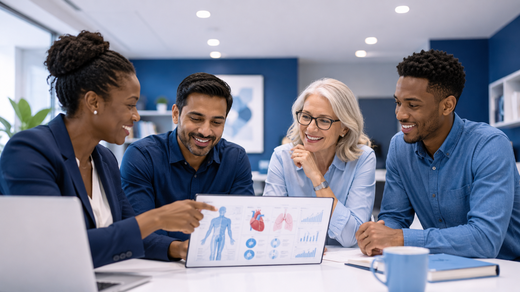 A diverse team reviewing health information together
