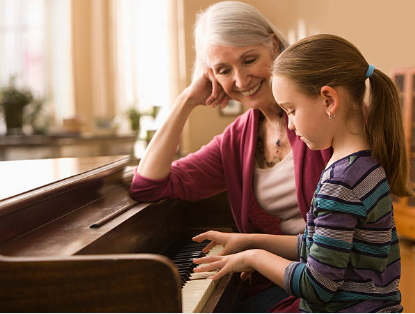 Une grand-mère et une jeune fille jouent du piano ensemble dans un intérieur lumineux.