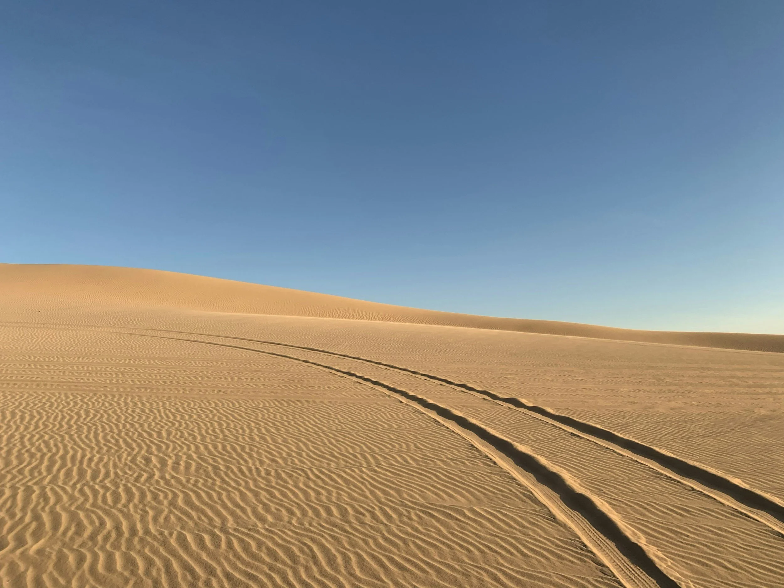 Spuren von einem Quad in der afrikanischen Wüste mit blauem Himmel