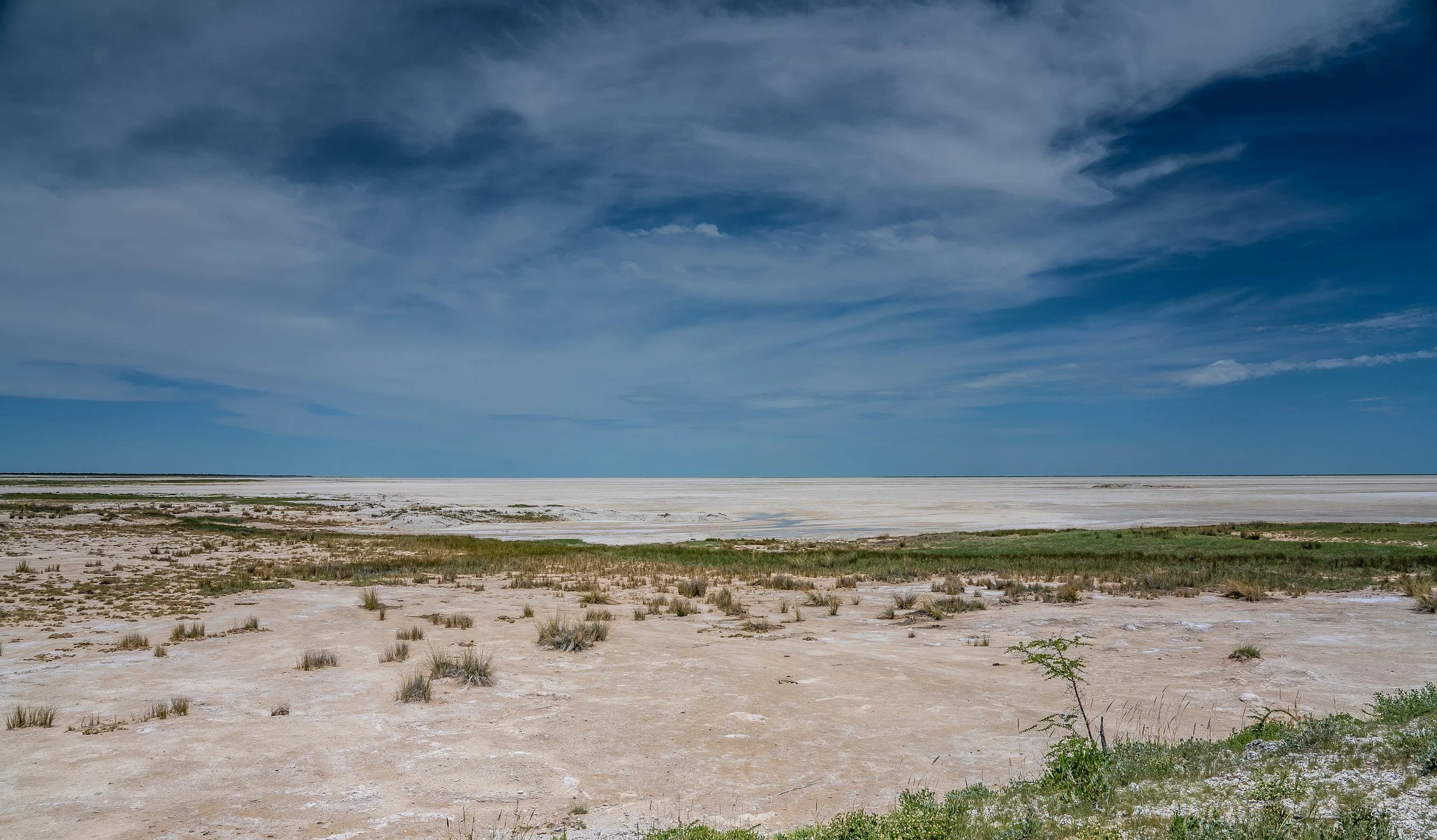 Bild von den Makgadikgadi Salzpfannen in Botswana mit den weißen Pfannen im Vordergrund und blauem Himmel im Hintergrund
